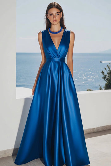Royal Blue Satin V Neck A Line Long Formal Dress